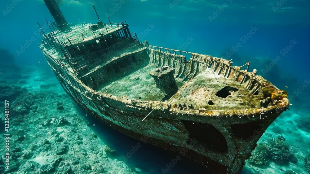 Sunken rusty ship underwater after shipwreck. Blue clear water. Wreckage of boat. Explore ocean bottom under water. Maritime archaeology. Yacht vessel wreck. Warship, old fishing boat. Sunken rusty ship underwater after shipwreck. Blue clear water. Wreckage of boat. Explore ocean bottom under water. Maritime archaeology. Yacht vessel wreck. Warship, old fishing boat.
