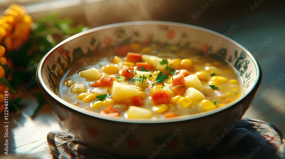 Savory Vegetable Chowder with Corn in a Bowl Surrounded by Fresh Ingredients and Natural Light Savory Vegetable Chowder with Corn in a Bowl Surrounded by Fresh Ingredients and Natural Light