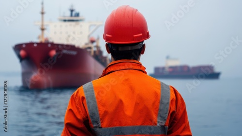A worker in an orange safety suit and helmet observes cargo ships in a foggy harbor, highlighting maritime industry and logistics.