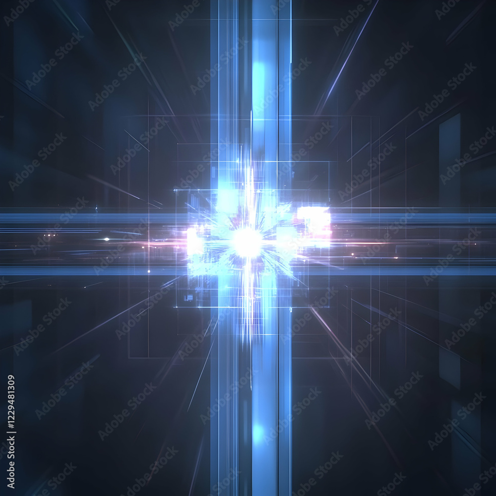Fototapeta premium Abstract Blue Light Beams Intersect with a Bright Flash in the Center Dynamically