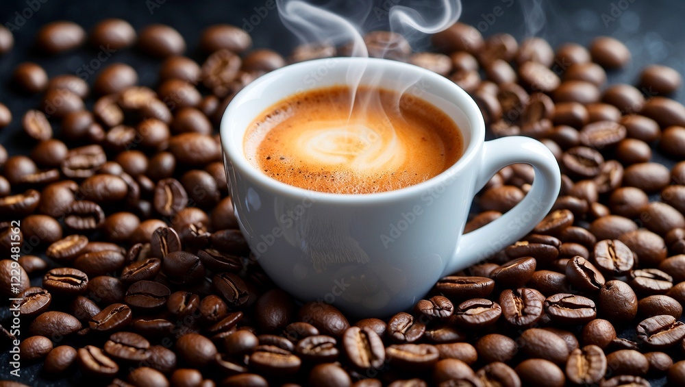 Close up of fresh coffee cup with beans Close up of fresh coffee cup with beans