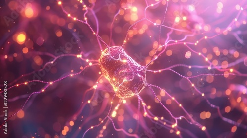 Intricate close-up of a neuron with glowing connections in a vibrant, abstract digital environment photo