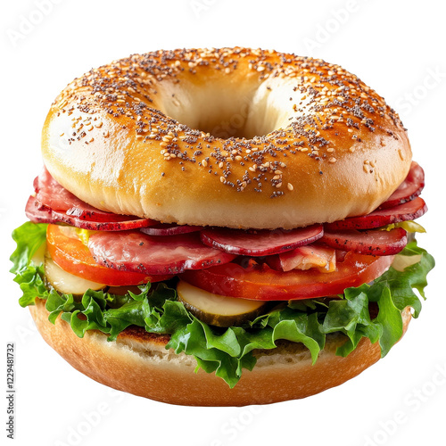 Delicious Gourmet Bagel Sandwich with Fresh Vegetables and Meats on White Background