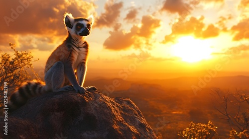 Lemur standing on a rock with a sunset in the background