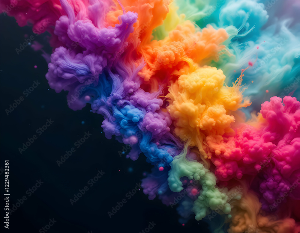 Fototapeta premium Rainbow-Colored Ink Swirling in Water - 4K Abstract . A stunning 4K of rainbow-colored ink smoothly dispersing in water, forming a fluid, abstract, and artistic composition.