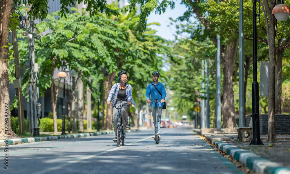 Fototapeta premium Young Commuters with Eco-Friendly Transportation