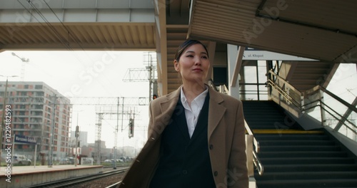 Wallpaper Mural A woman in formal clothes and a coat smiles as she walks along the station platform Torontodigital.ca