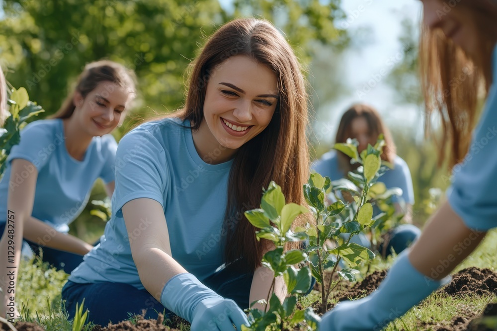 A diverse group of enthusiastic individuals is planting trees in a park A diverse group of enthusiastic individuals is planting trees in a park