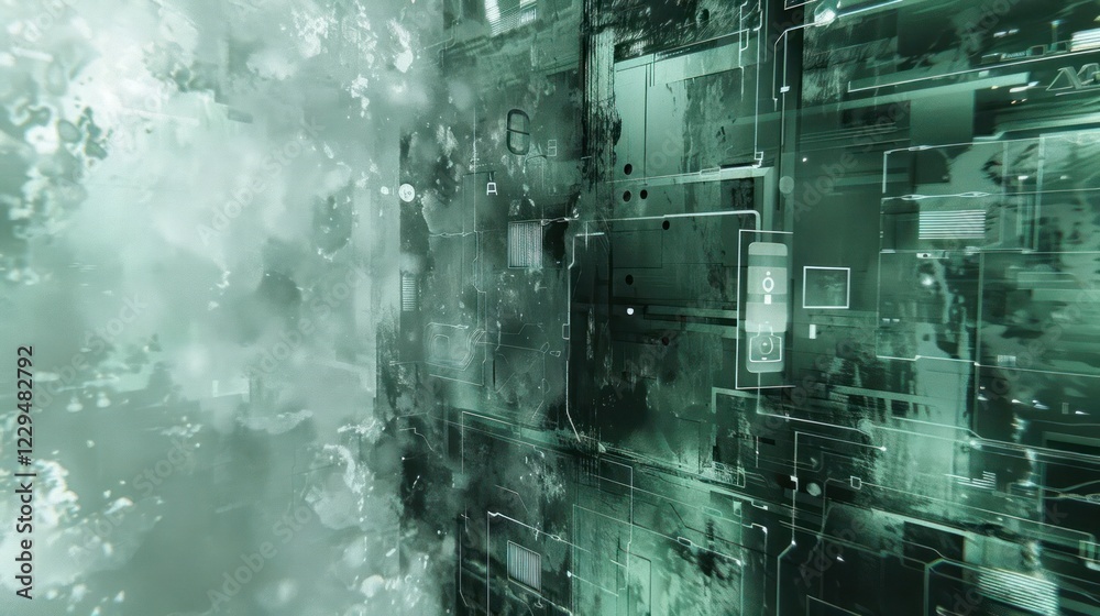 Abstract digital landscape depicting futuristic technology with green hues and intricate patterns Abstract digital landscape depicting futuristic technology with green hues and intricate patterns