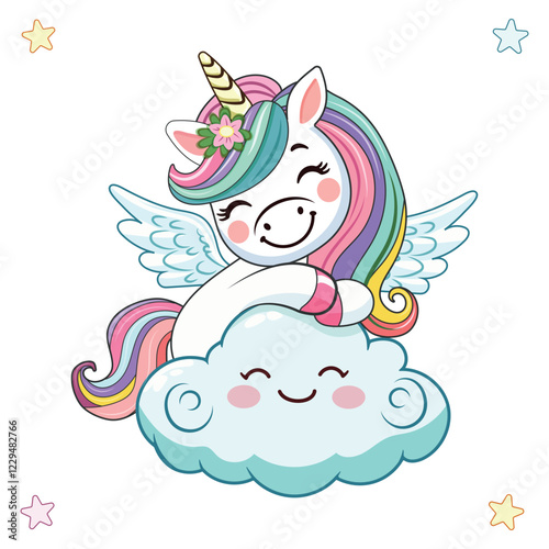 Template with cute humble unicorn with horn and wings hugs cloud on white background. Poster, Banner, Flyer, Greeting Card. Vector illustration in flat cartoon style