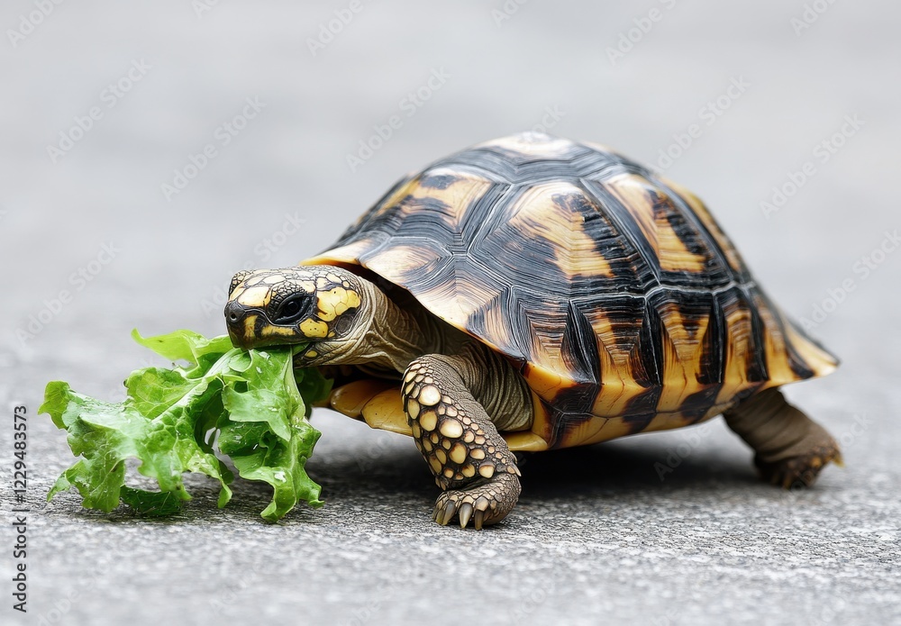 Obraz premium Close-Up of a Colorful Tortoise Eating Fresh Green Lettuce on a Smooth Surface in Natural Light Showcasing its Unique Shell Patterns and Textures