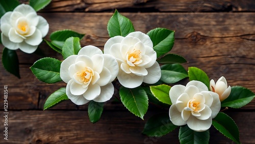 Closeup of tranquil white camellia blossoms on wood