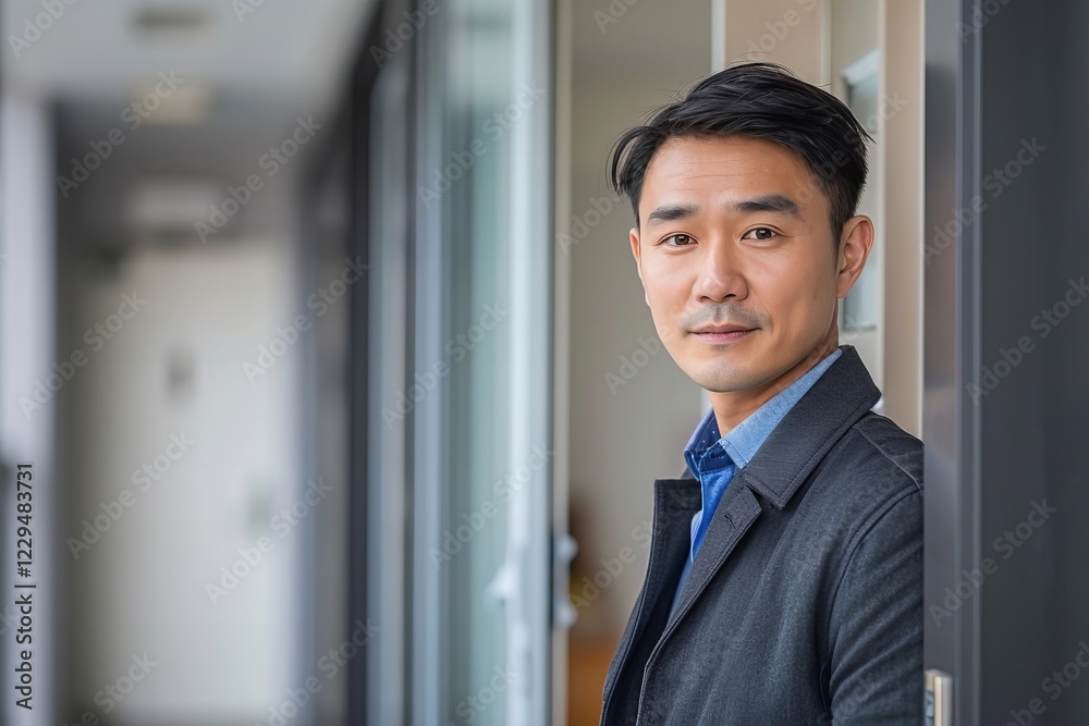 A young Asian male contractor inspecting a completed home renovation before handing over to the client. A young Asian male contractor inspecting a completed home renovation before handing over to the client.