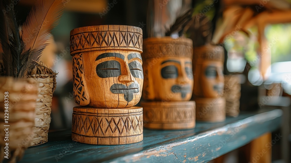 Intricately carved wooden masks lined on a rustic shelf amidst decorative feathers and natural elements Intricately carved wooden masks lined on a rustic shelf amidst decorative feathers and natural elements