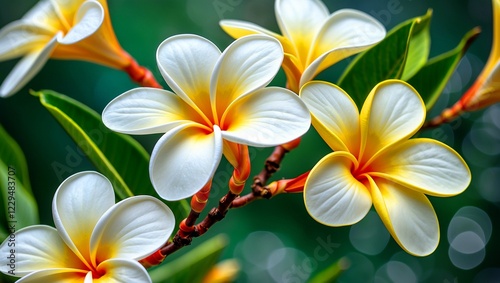Closeup of vibrant white and yellow plumeria flowers