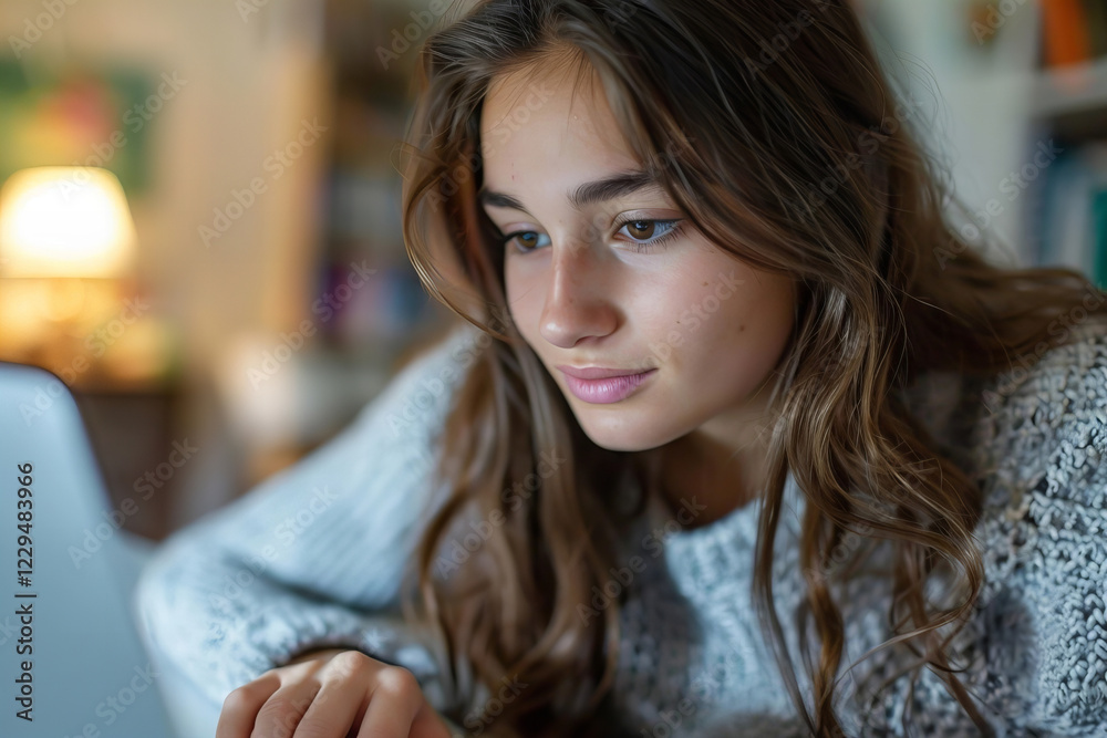Young woman expresses seriousness as she fills out online survey form on computer. Young woman expresses seriousness as she fills out online survey form on computer.