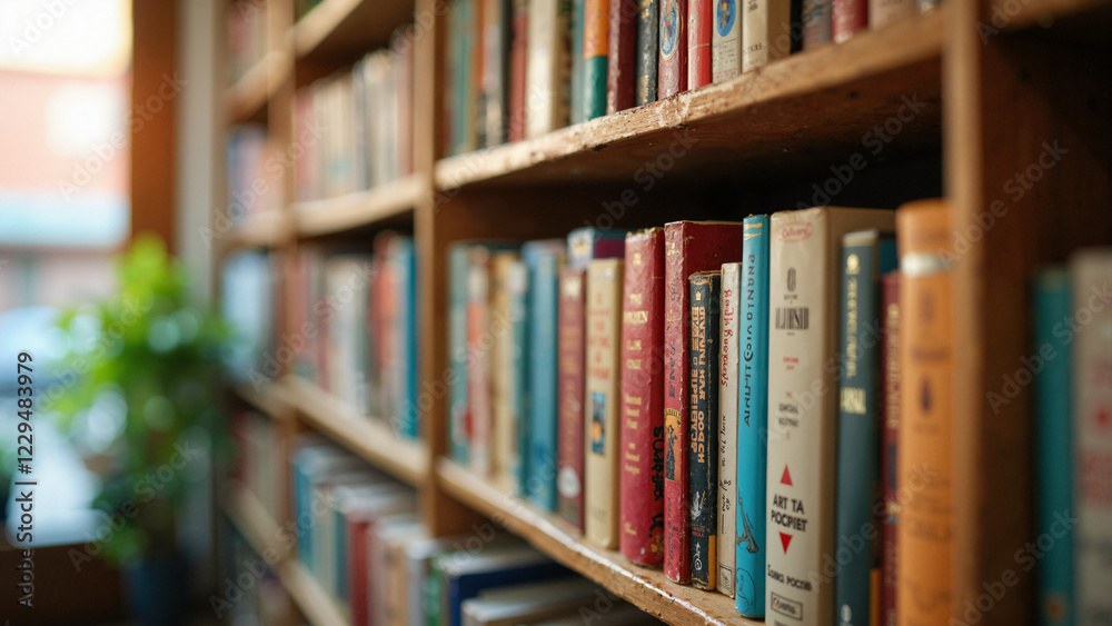 Vibrant Blurred Bookshelf in a Cozy Secondhand Bookshop, Perfect for Bookstore Marketing, Literary Festivals, and Inspirational Wall Art Vibrant Blurred Bookshelf in a Cozy Secondhand Bookshop, Perfect for Bookstore Marketing, Literary Festivals, and Inspirational Wall Art