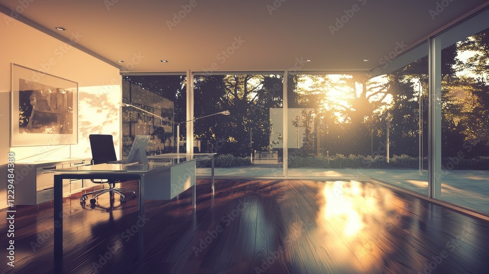Serene Sunset Office, Modern Minimalist Workspace with Stunning Nature Views Serene Sunset Office, Modern Minimalist Workspace with Stunning Nature Views