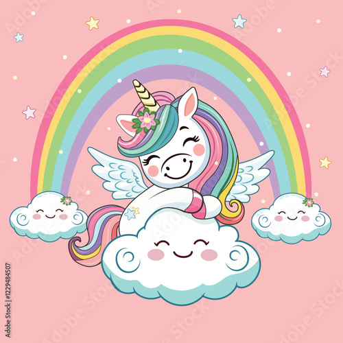 Cute humble unicorn with horn, wings and with a rainbow, hugs the cloud. Poster, Banner, Flyer, Greeting Card. Vector illustration in flat cartoon style