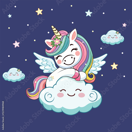 Cute humble unicorn with horn and wings hugs cloud. Poster, Banner, Flyer, Greeting Card. Vector illustration in flat cartoon style