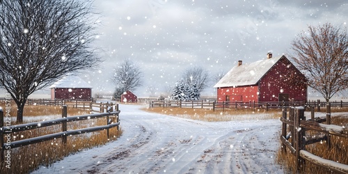 Scenic Winter View of Farmyard with Gentle Snowfall and Rustic Red Barns Surrounded by Frosty Landscape