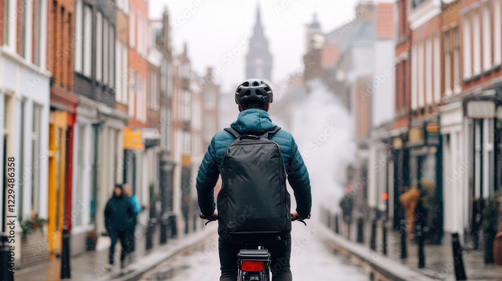 Cyclist rides down a historical city street, surrounded by charming architecture and misty atmosphere, capturing urban exploration. Cyclist rides down a historical city street, surrounded by charming architecture and misty atmosphere, capturing urban exploration.