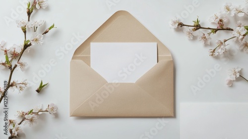 Wallpaper Mural Elegant Beige Envelope with Blank Card and Spring Blossoms Torontodigital.ca