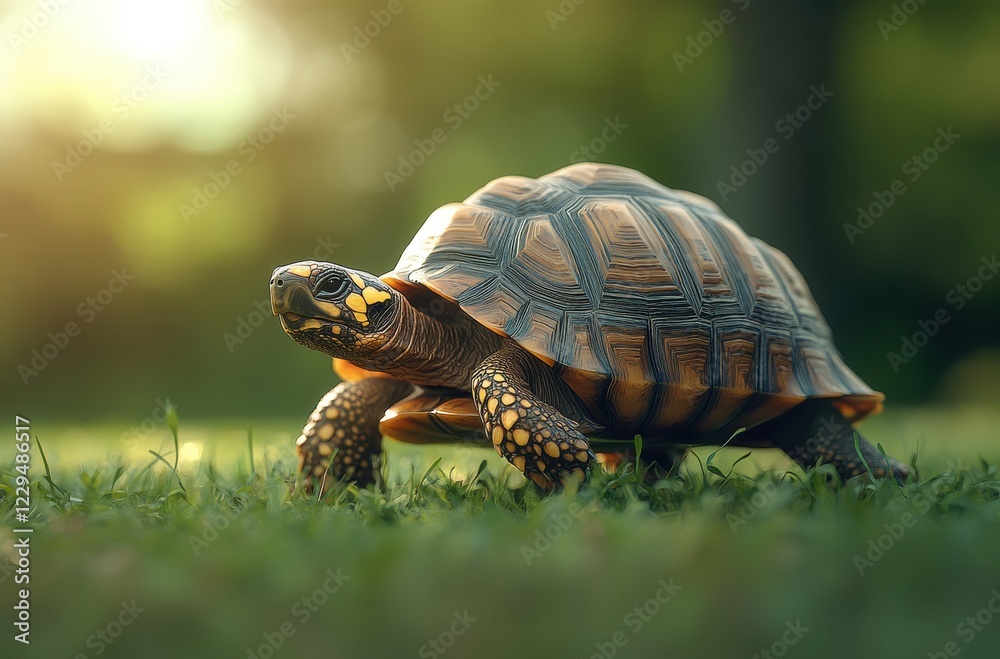Close-Up of a Radiated Tortoise Crawling on Lush Green Grass Under Warm Sunlight in a Serene Natural Environment Close-Up of a Radiated Tortoise Crawling on Lush Green Grass Under Warm Sunlight in a Serene Natural Environment
