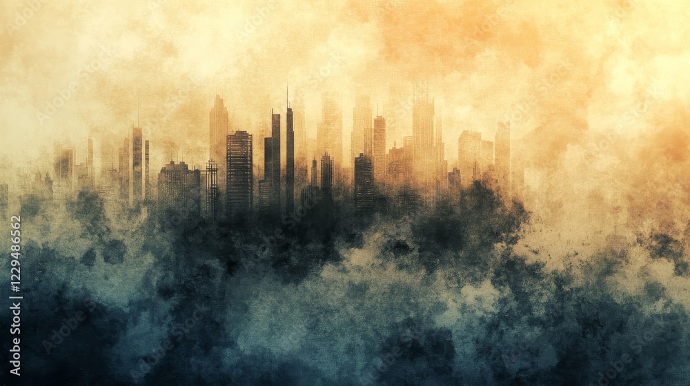 Obraz premium A captivating misty city skyline emerges at sunrise, enveloped in fog and hazy colors, creating an atmospheric and serene urban landscape ideal for various projects.
