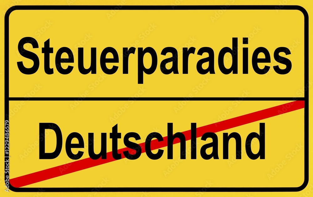 Sign city limits, symbolic image for tax havens outside Germany Sign city limits, symbolic image for tax havens outside Germany