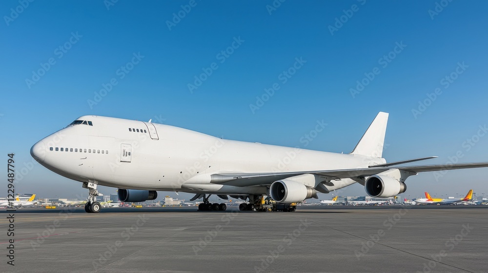 Large commercial airplane taxiing on runway under clear blue sky, preparing for takeoff, with distant terminal view. Large commercial airplane taxiing on runway under clear blue sky, preparing for takeoff, with distant terminal view.