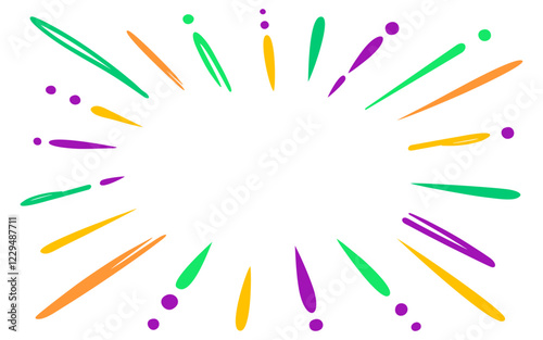 Modern colorful celebration confetti background 
vector border isolated on white. Comics star burst rays, paint brush strokes, zap excitement, zoom, retro, 
carnival template for Mardi gras