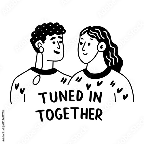 A glyph sticker of two friends listening music together with shared handsfree