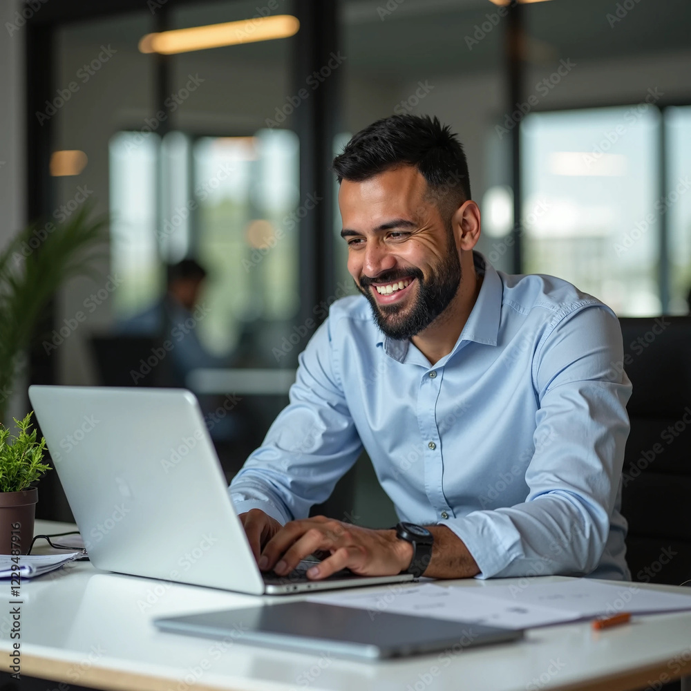 Un hombre de oficina está mirando su computadora portátil y riendo. Un hombre de oficina está mirando su computadora portátil y riendo.