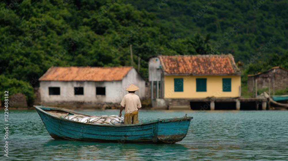 Man in traditional hat rows boat on serene water near rustic houses, lush landscape surrounds, peaceful rural setting captured vividly. Man in traditional hat rows boat on serene water near rustic houses, lush landscape surrounds, peaceful rural setting captured vividly.