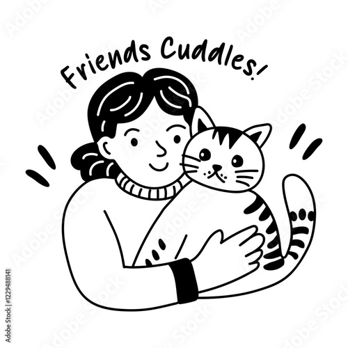 A glyph sticker of a person cuddling a cat, with the text friends cuddles