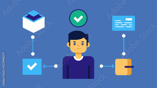 Transaction Verification An animated sequence of a buyer a seller and a blockchain symbol showing the steps of confirming ownership and transaction integrity in a secure manner.
