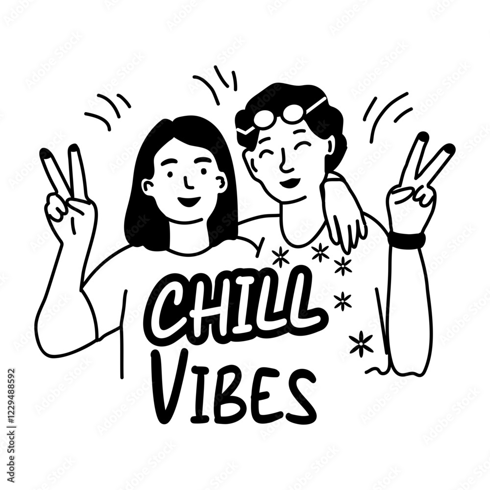 Happy friends with chill vibes typography, glyph style sticker Happy friends with chill vibes typography, glyph style sticker