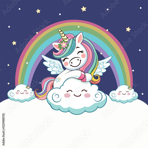 Template with cute humble unicorn hugging cloud and custom text placed on white background. Poster, banner, flyer, greeting card. Vector illustration in flat cartoon style
