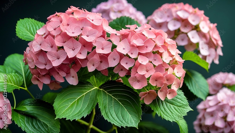 Delicate pink hydrangea blooms with lush green leaves Delicate pink hydrangea blooms with lush green leaves