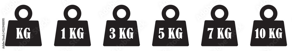 Weight icon set_1kg,3kg,5kg,7kg and 10kg.heavy sign. Iron dumbbell symbol in vector flat. Metal weight of heavy mass sign collection. Weight kilogram signs. kilogram weight outlined vector icon.