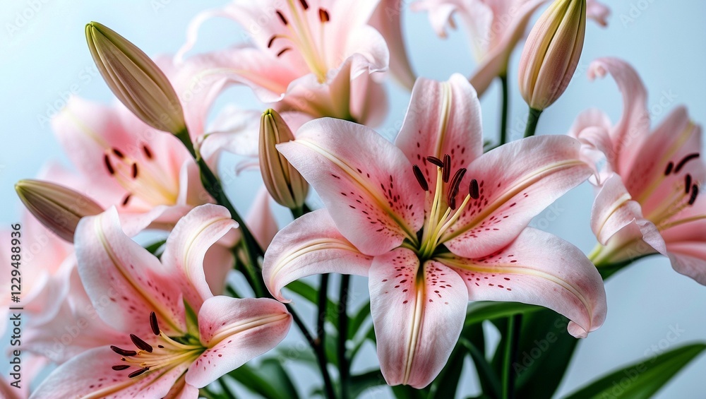 Fototapeta premium Delicate pink lilies against a soft white background