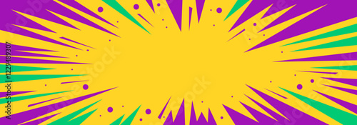 Abstract explosion starburst pop art background, 
vector confetti for Mardi Gras carnival celebration template, comics star burst rays, zap excitement, zoom, retro, purple, green & yellow, flat colors