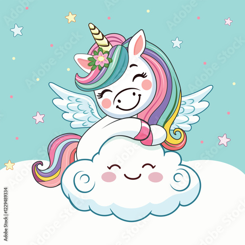 Template with cute humble unicorn with horn, wings and rainbow, hugs cloud on white background. Poster, banner, flyer, greeting card. Vector illustration in flat cartoon style