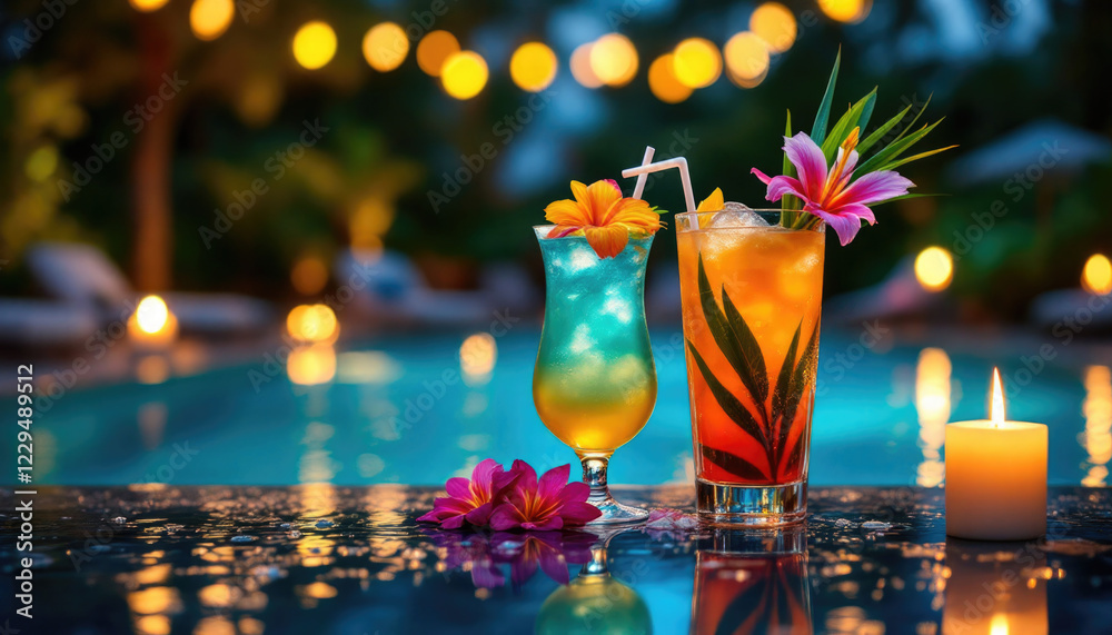 Fototapeta premium Colorful tropical cocktails by poolside with candlelight and flowers