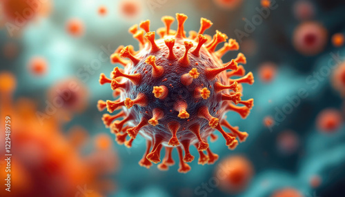 Close-up visualization of coronavirus structure with spiky proteins in blue-orange color scheme