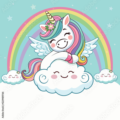 Template with cute humble unicorn hugging cloud and custom text placed on white background. Poster, banner, flyer, greeting card. Vector illustration in flat cartoon style