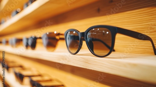 Wallpaper Mural Sunglasses Display: Stylish Shades on Wooden Shelves Torontodigital.ca