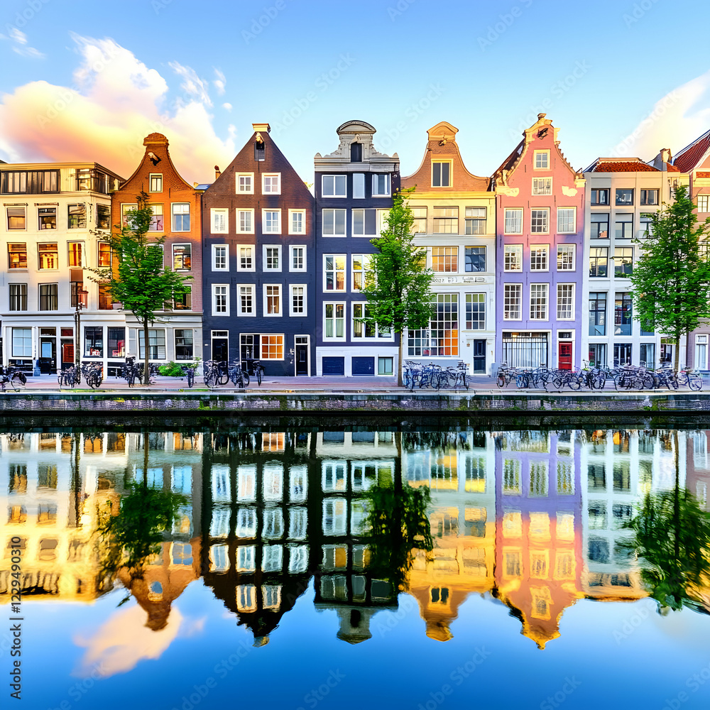 Fototapeta premium Colorful Canal Houses Reflect in Calm Water under a Blue Sky with Wispy Clouds at Sunset