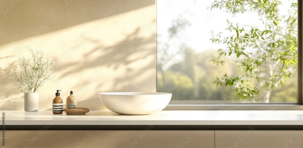 Blurred background of a modern bathroom interior with a marble countertop and copy space for product display presentation mock-up in the kitchen, 3D rendering illustration